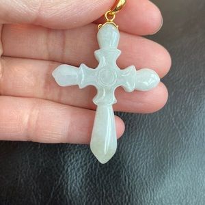 14k Real Solid Yellow Gold Carving Carved Natural Jade A Cross Religious Pendant